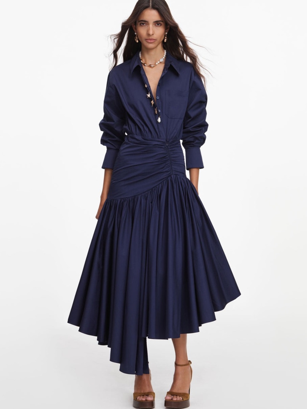 NWOT Self-Portrait NAVY COTTON ASYMMETRIC MIDI DRESS